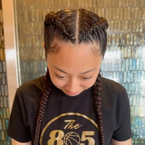 Two French braids — Braided straight back, worn forward over the shoulders
